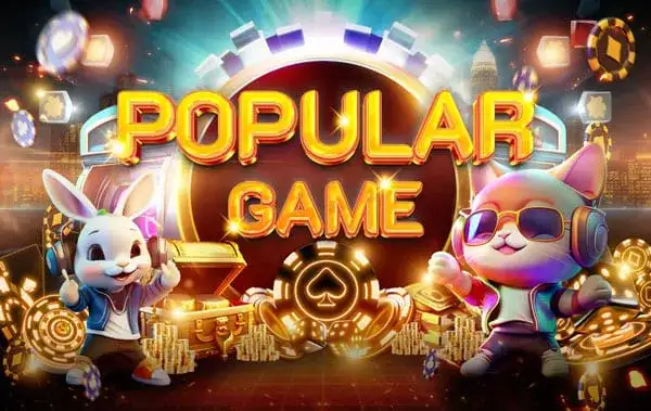 การ์ดหมวดเกมยอดนิยม เป็นภาพตัวละครกระต่ายกับแมวการ์ตูนยืนขนาบข้างหีบสมบัติและกองเหรียญทอง มีชิปคาสิโนลายโพดำกระจายอยู่รอบ และมีข้อความ POPULAR GAME ตัวหนาสีทองอยู่กลางภาพ